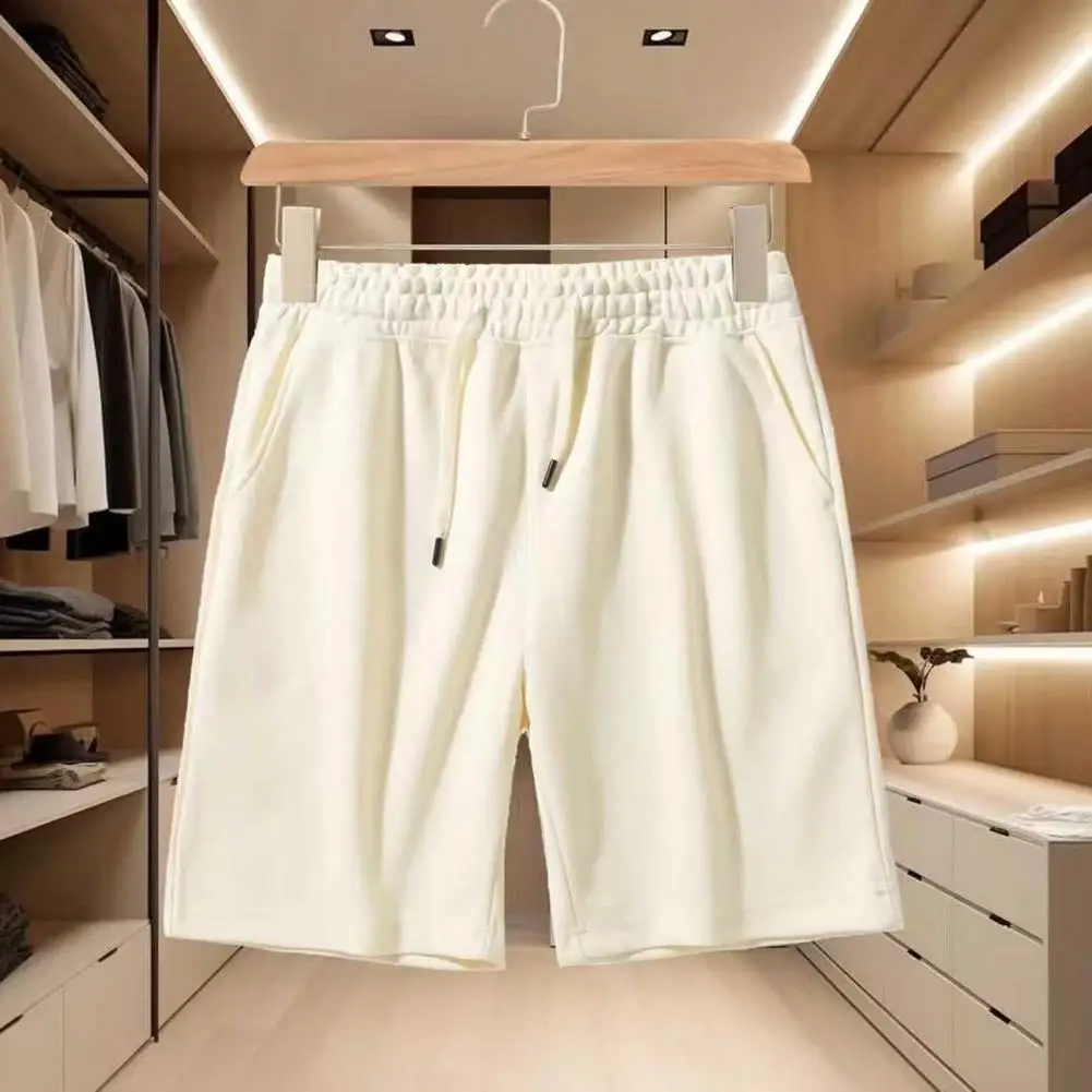 Men Casual Shorts Solid Color Regular Fit Short Pants with Reinforced Pockets Adjustable Drawstring Summer Shorts