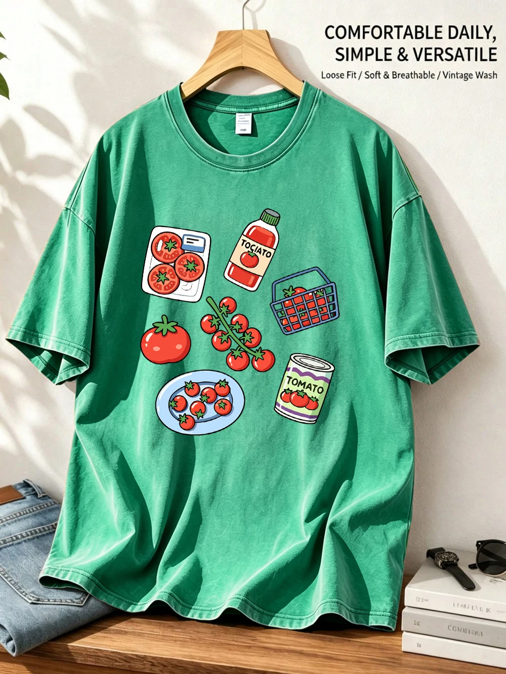 Tomato Assortment Products Printed Washed T-Shirts Womens Oversized Cotton T Shirt Casual Distressed O-Neck Tops Summer Clothes