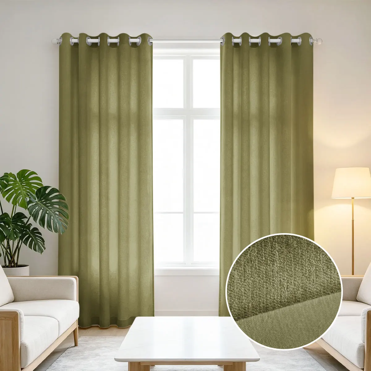 2pcs Grommet Olive Green Linen Blackout Curtains, Retro Japanese Wabi-Sabi Style, Textured Thermal Insulated Window Curtain fo