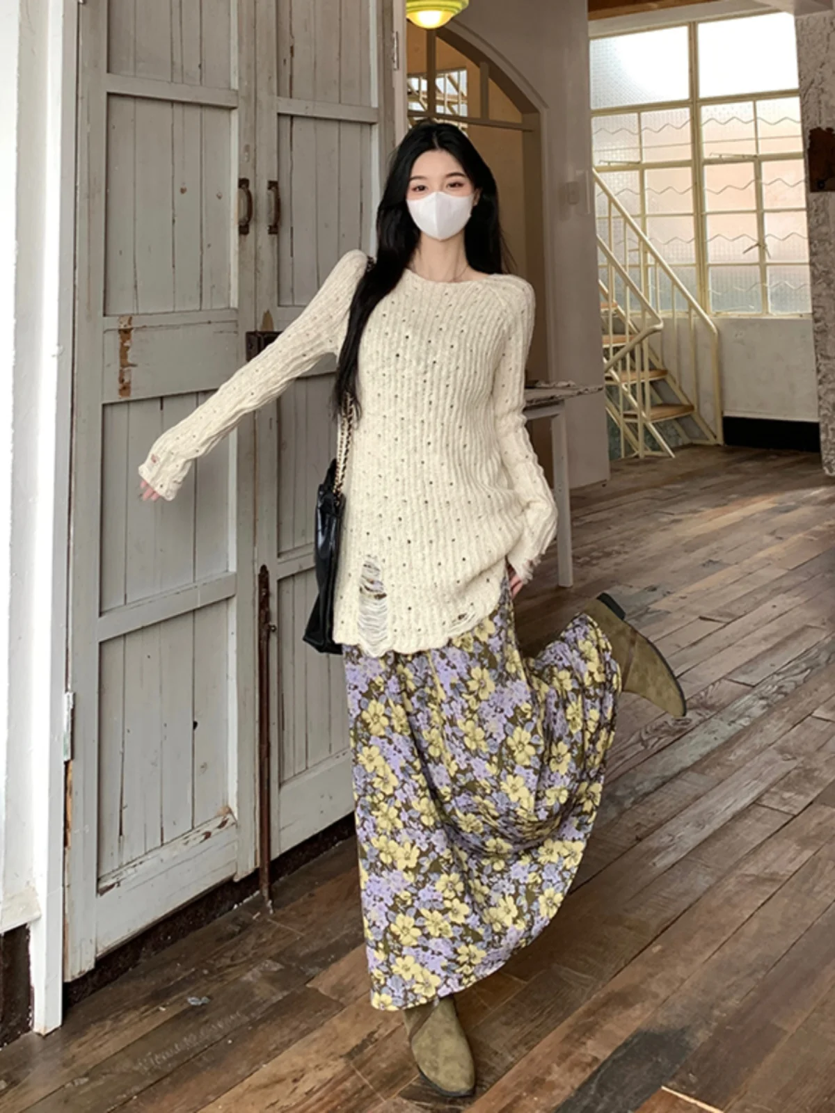 

plus Size Lazy Style Floral Print Slimming Concealing Dress And Knitwear Spring Fashion Set High Waist Long Sleeve A-Line Skirt