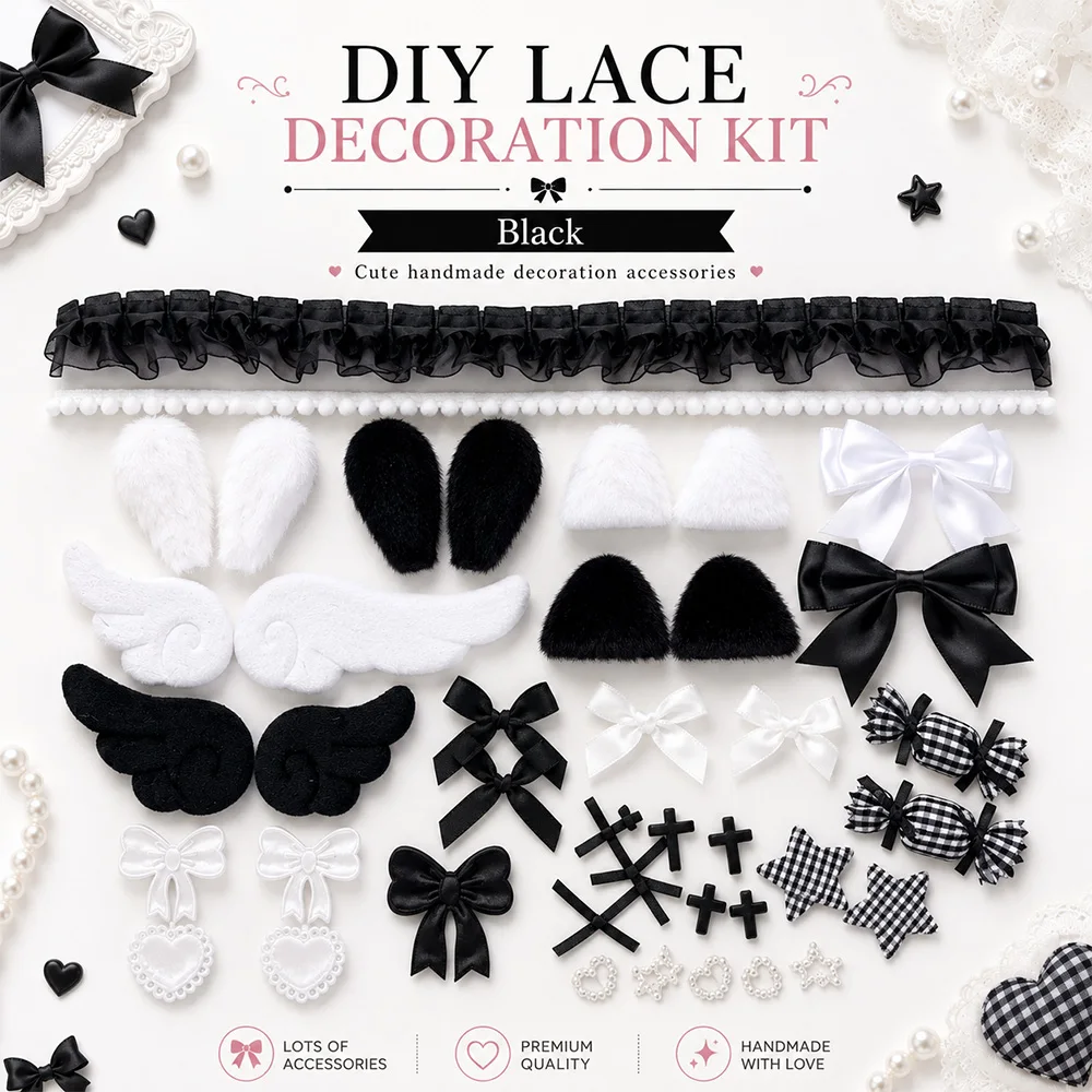 Süßes Mädchenhaftes DIY-Deko-Set: Spitzenband-Schleife, Engelsflügel, Hasenohren, Taschenzubehör, Lolita-Anime-Kartenanhänger, Handgemachte Dekoration