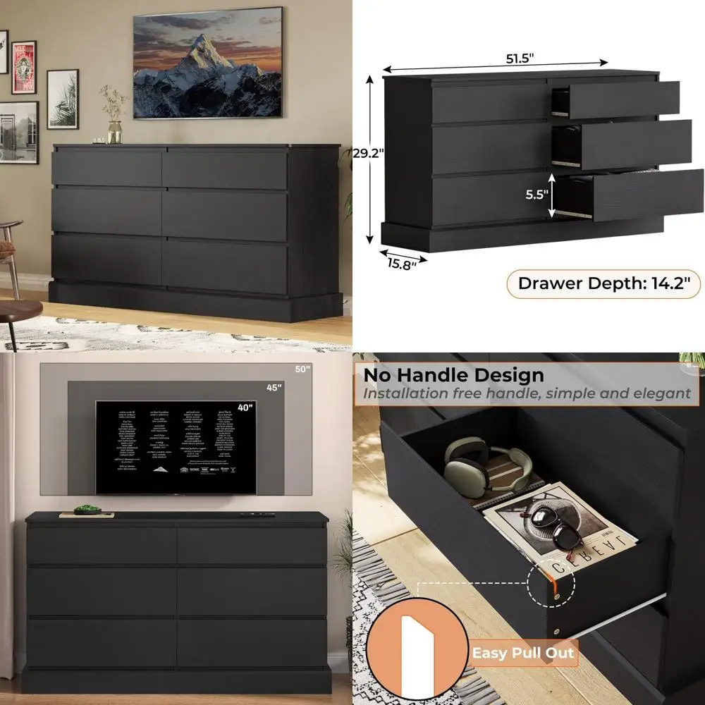 6 drawer double dresser, 51.5''w wooden storage chest of 6 drawers, large capacity clothing storage cabinet, wide black dresser