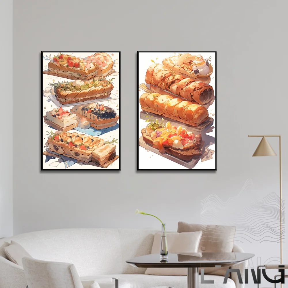 

Gourmet dessert afternoon tea cake bread Ice cream Souffle poster Cartoon art decorative living room kitchen wall painting