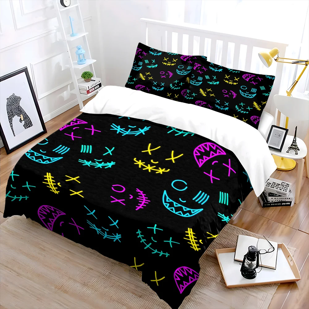 Neon-style smiling faces pattern Bedding Set for Kids Luxury Gift 3pcs Digital Print Comforter Set Soft Comfortable Breathable