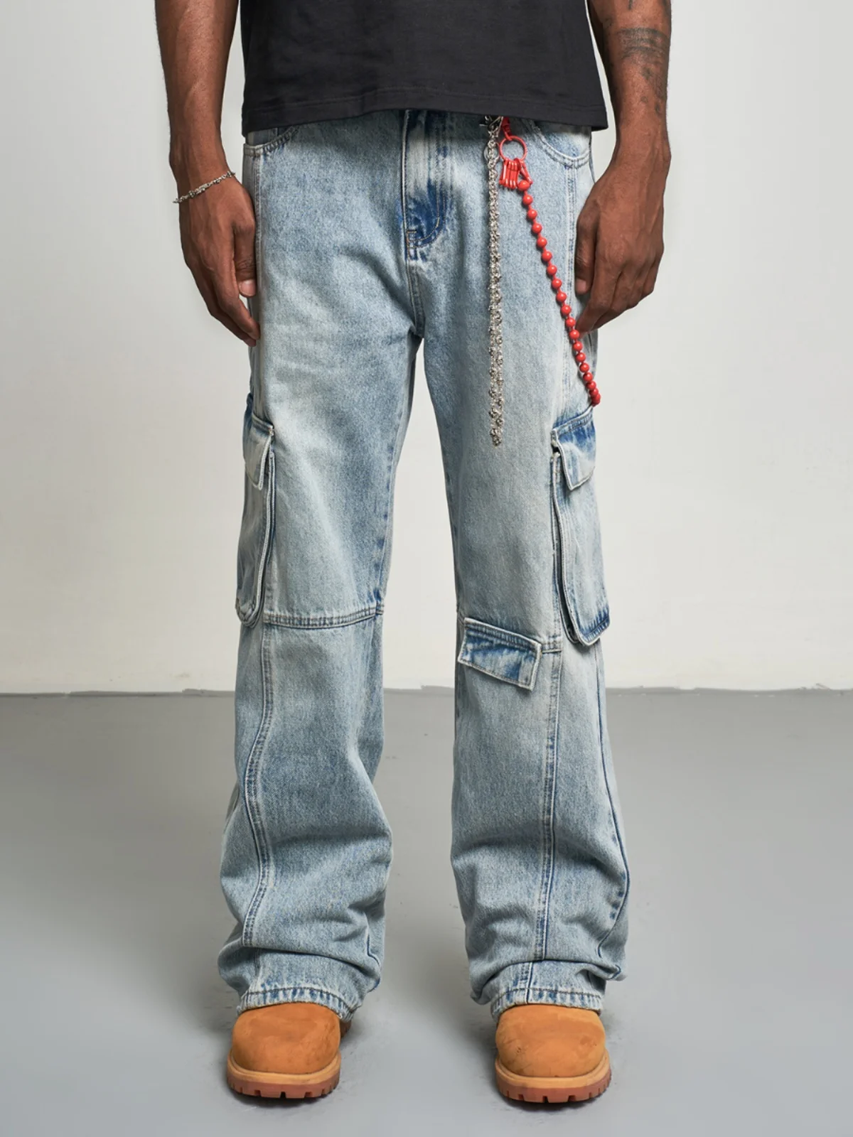 

MT99 Heavyweight Waed Ice Blue Straight Leg Casual Pants Summer 3D Patchwork Multi ket Denim Jeans for Men And Women