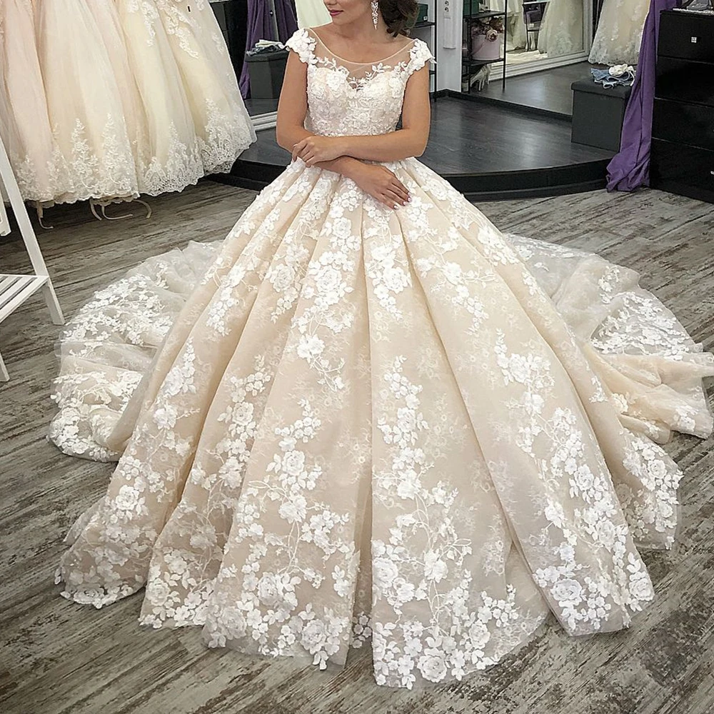 

Bespoke Occasion Wedding Dress Cap Sleeves scoop Chapel Train Tulle Empire Ruffles pleats Appliques A-Line Bridal Gowns