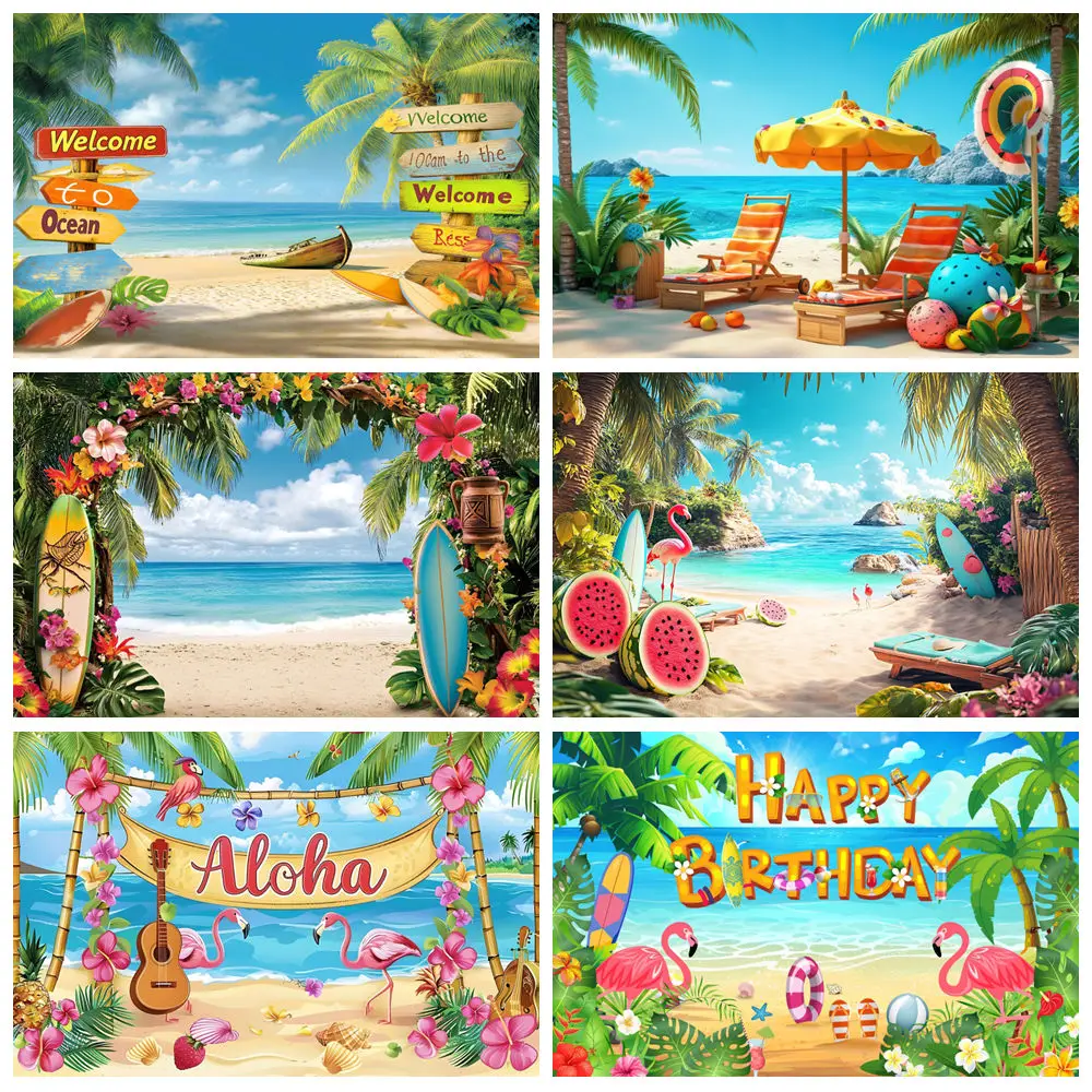 

Hawaiian Summer Beach Backdrop Tropical Flowers Surfboard Luau Aloha Flamingo Baby Birthday Holiday Party Photography Background
