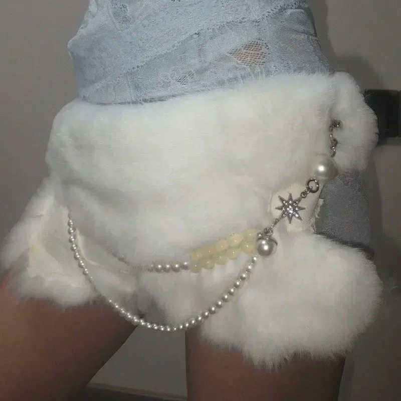 Sexy Rabbit Fur Belt Pearl Chain Y2K Furry Belt Vintage Cowgirl Belts Gothic Punk Star Waistband HipHop Waistband Jeans Pants