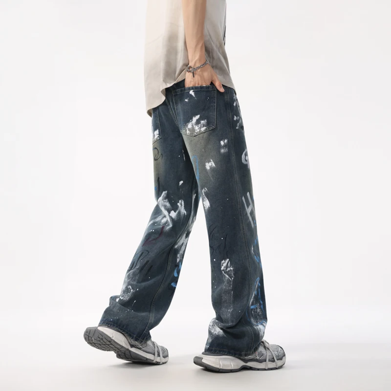 XL8875 European summer tide jeans loose graffiti straight trousers high street retro washed nostalgia trousers