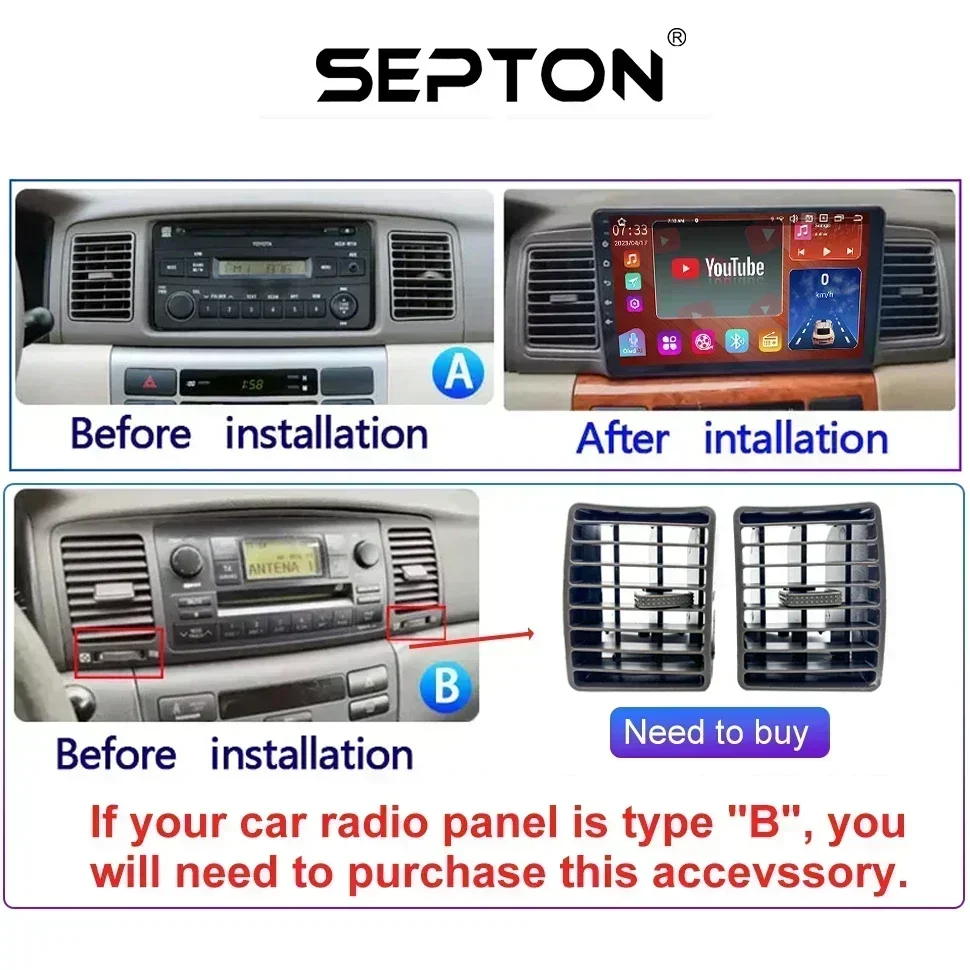 SEPTON Car Radio for Toyota Corolla E120 E130 2000-2007 GPS Stereo Navigation Multimedia Carplay 4G Android Autoradio Head Unit