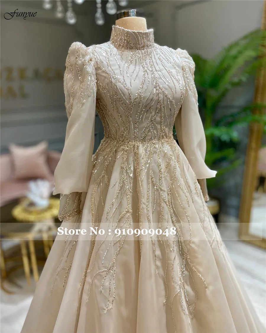 Funyue Luxury Dubai Muslim High Neck Wedding Dresses For Woman Beige Puff Sleeve Sparkly Beads Arabic Wedding Party Gowns 2025