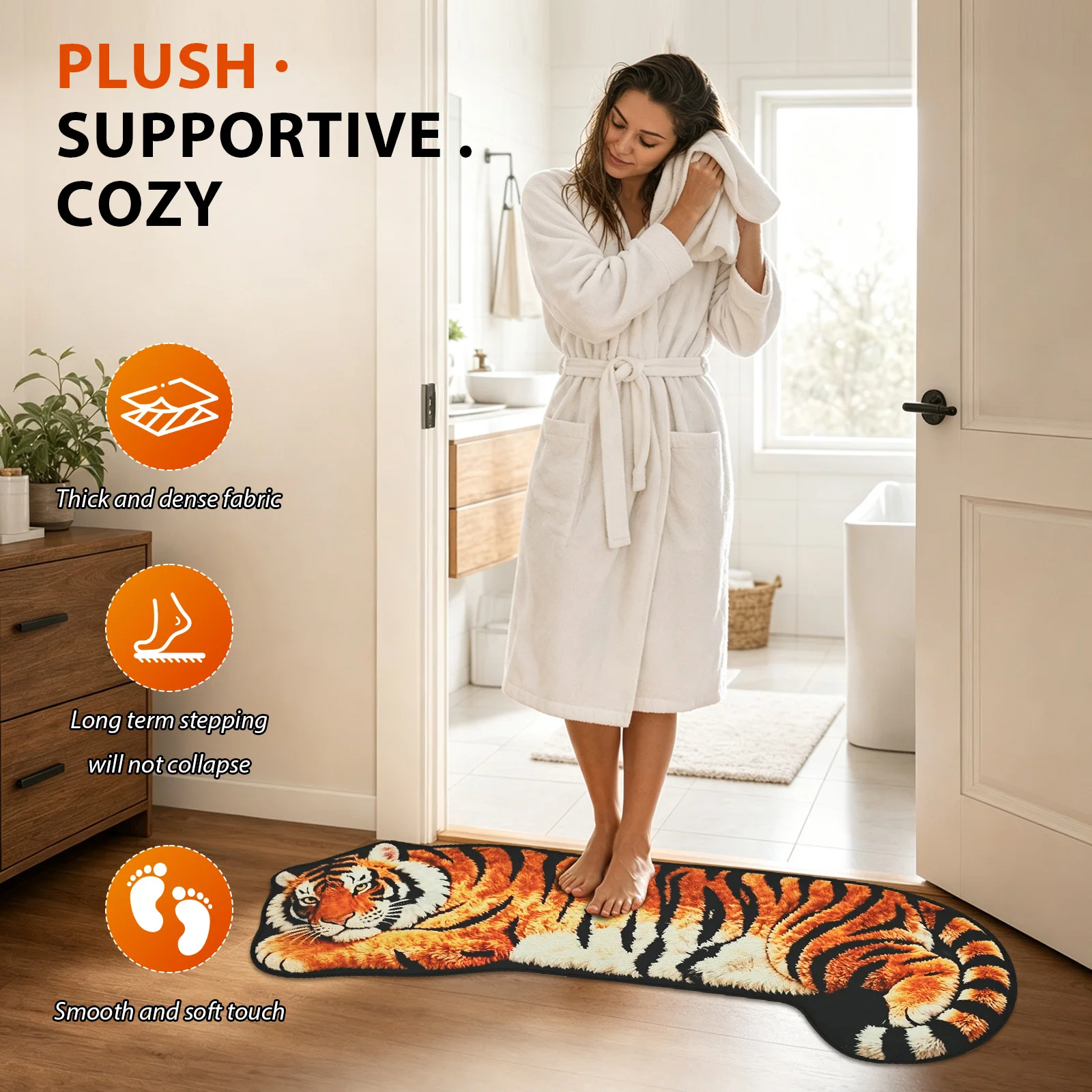 2D Cartoon Tiger Rug Bedroom Carpet Water-absorbing Non-slip Doormat Abrasion-resistant Lifelike Bedside Rug Home Decor