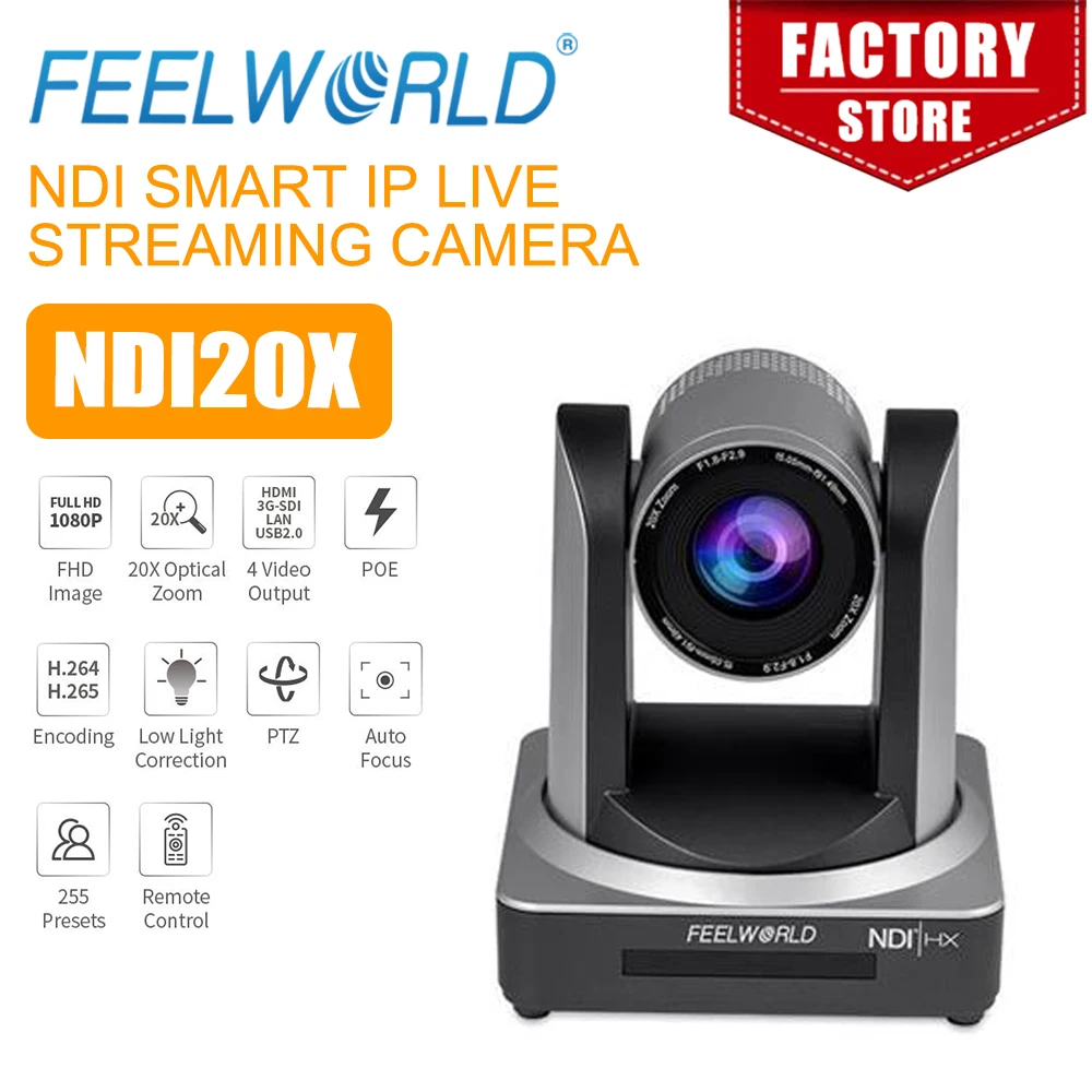 FEELWORLD NDI20X Professional Live Streaming Camera with and 20X Optical Zoom for High Quality 1080P@60 HD Image in Studio