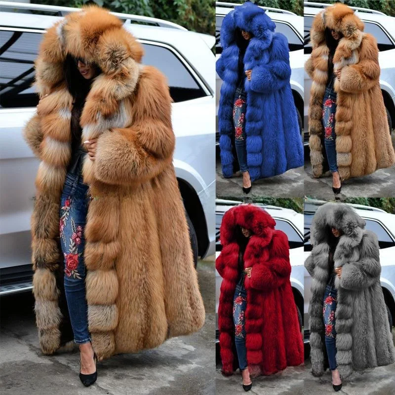 

Warm Fur Coat Hooded Mid-Length Splicing Plu Women's Fur Coat Large Coat Neutral Sle Long Sve Waist-Cinching