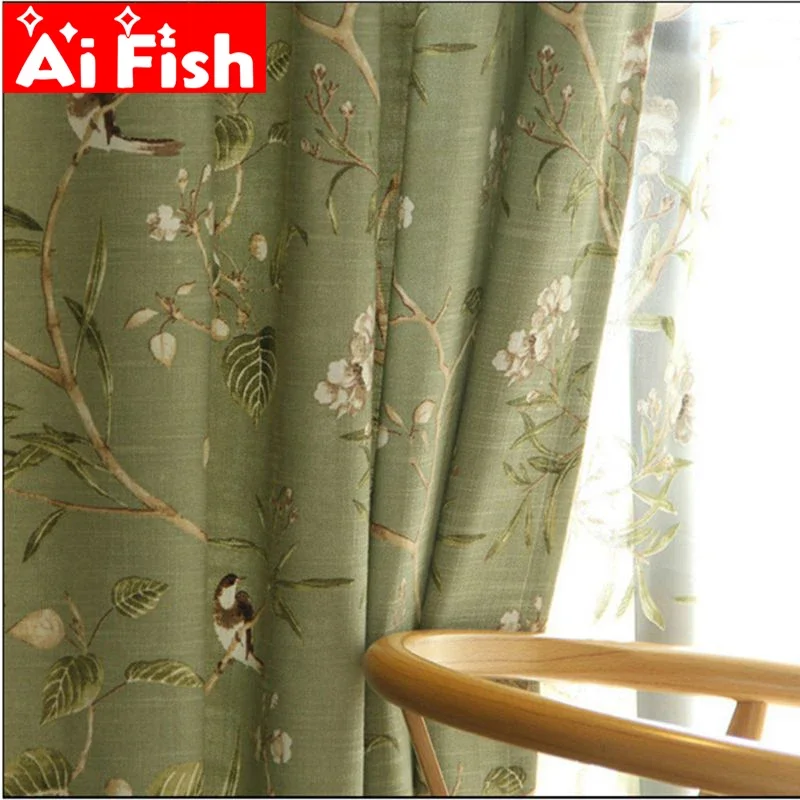 American Country Garden Cotton Linen Green Window Curtains For Living Room Birds Printed Bedroom Window Blackout Drapes WP145-40