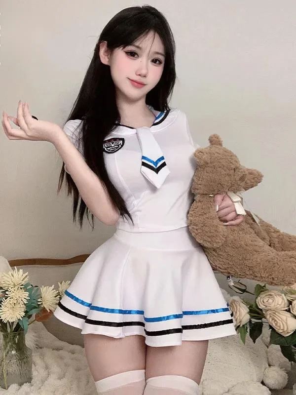 Women's Sailor Collar Short Sleeve Tight Fitting Pleated Skirt Suit Campus Student Clothing JK Uniform White Two Piece Set V2GF