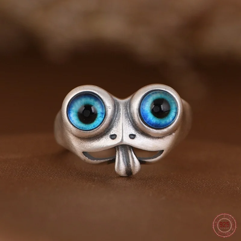 S925 Silver Ring Retro Personalized Cute Cartoon Big Eyes Frog Ring Men's and Women's Punk Jewelry