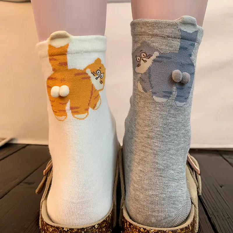 1/3 Pair Soft Three-Dimensional Cat Printed Men Female Mid Tube Socks Comfortable Sweat Absorbing Breathable Casual Couples Sock