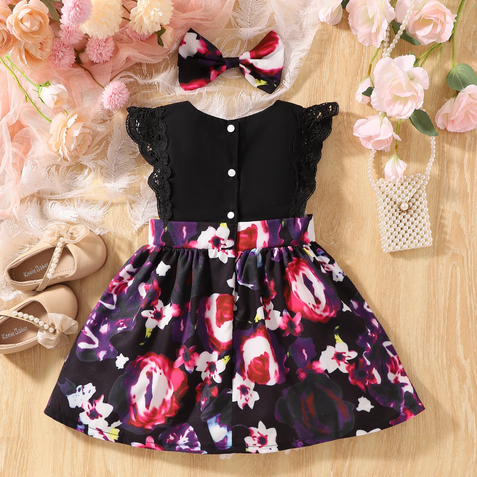 Summer Girls\' Baby A- line Skirt Fashion Black Lace Flutter Sleeve Purple Floral Flower Dress