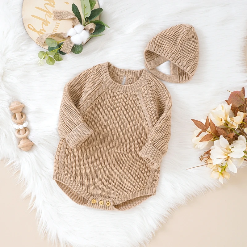 Newborn Baby Girl Boy Knit Sweater Romper Crewneck Sweatshirt Long Sleeve Warm Bodysuits Tops With Hats Fall Winter Clothes