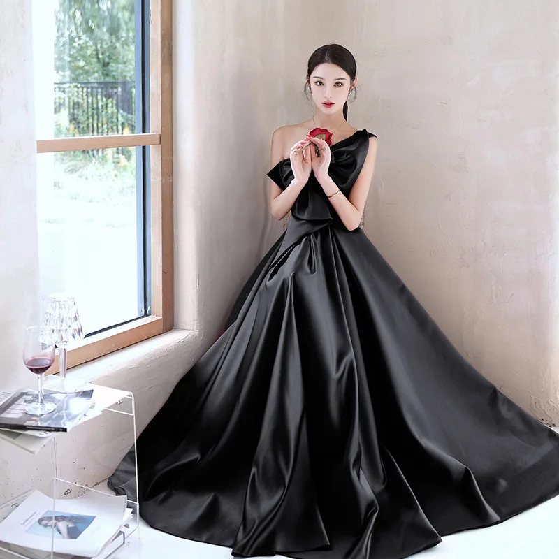 

Black Satin Evening Gown 2026 New Spring Elegant Style Company Annual Meeting Graduation Dress Skirt Midi Length