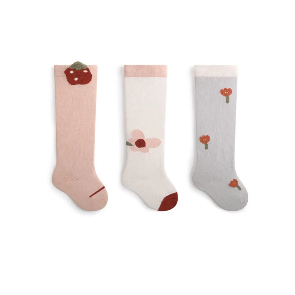

3Pairs Elastic Strawberry Calf Socks Baby Flower Animals Print Toddle Cotton Stockings Cute Cotton Baby Mid Tube Socks Girls