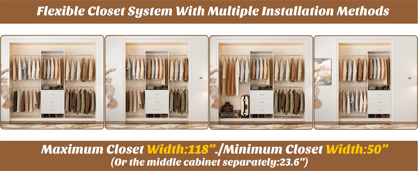 Aheaplus Closet System Closet Organizer with 3 Wooden Drawers Walk-in Closet Wardrobe with 4 Hanging Rods Clothes Rack Garment Organizer