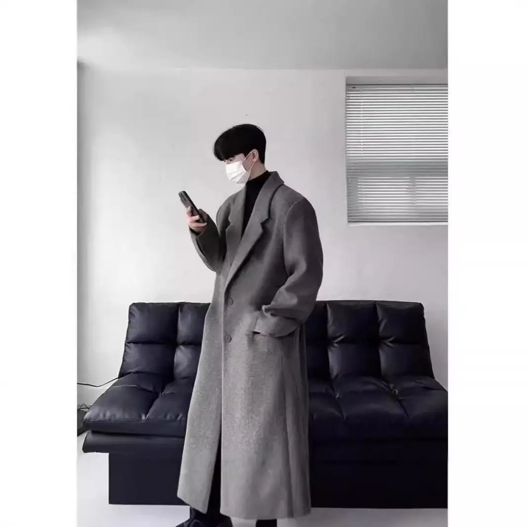 

Black Woolen Coat over Knee Length Loose Fit Mid-Length Autumn Winter New Style Men's Fashion Windbreaker Coat Youth Popular