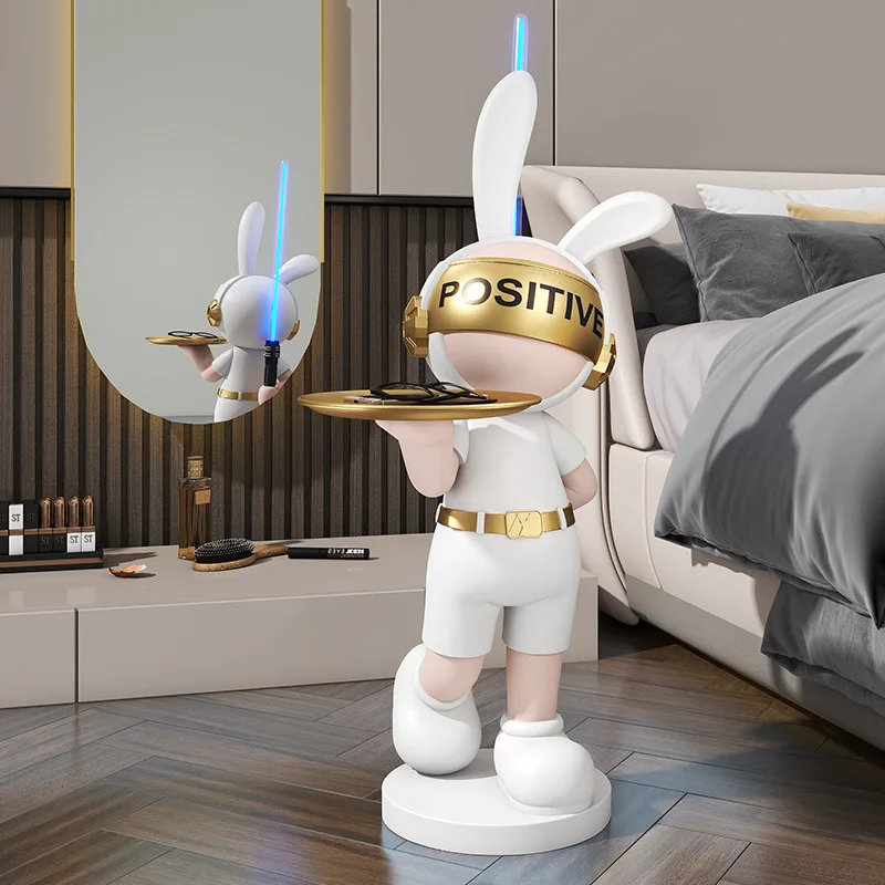 Space Rabbit Sculptures Landed Unique Groot Funny Sculpture with Tray Creative Modern Art Ornaments Home Room Decoration Gift