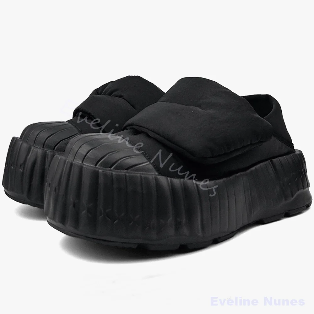 Fleece-lined Warm Cotton Shoes for Men/ Women Black 6CM Lightweight Platform Snow Boots Round Toe Hook & Loop Simple Ankle Boots