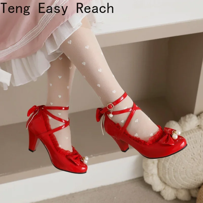 Lolita Cross-strap Wedding Party Shoes for Women High Heel Red White Black Bowties Pearl Pendant Sweet Jk Princess Pumps Ladies