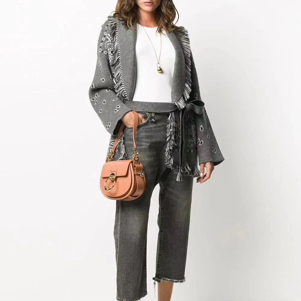 

Luxyonuo Boho Inspired Cashmere Cardigan Women's Elegant Belt High Quality Wool Tassels Knit Cardigan Long Oversized Sweater New
