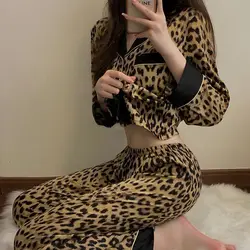 Women Fashion Leopard Print Pajama Spring Autumn Long Sleeve Sleepwear Two-Piece Set Pants Y2k Home Clothes Suit Trendy 2024