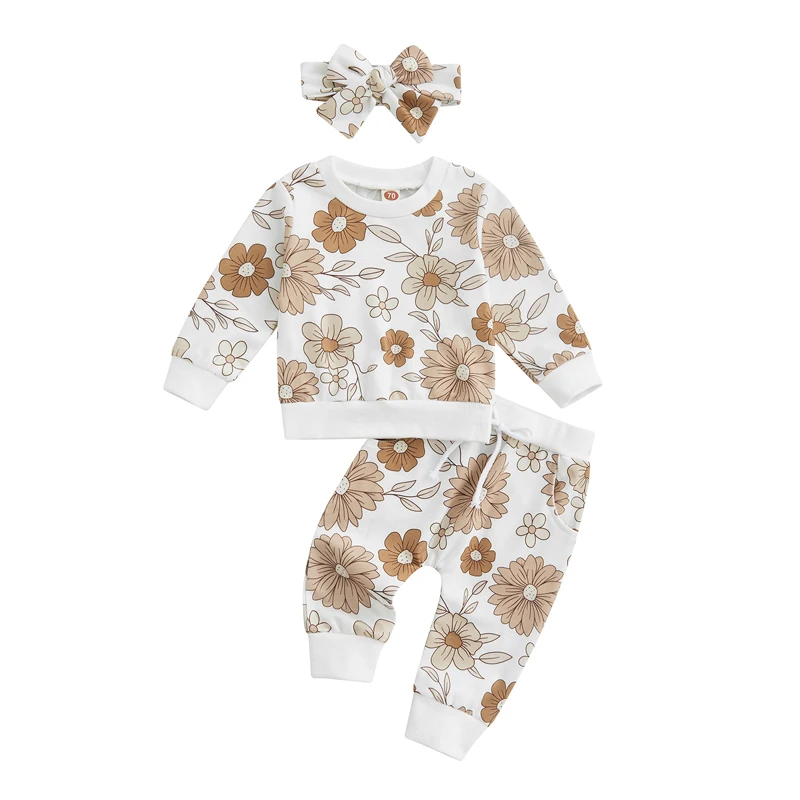 0-24M Infant Baby Girl Autumn Clothes Set Long Sleeve Round Neck Flower Print Pullover + Elastic Waist Trousers + Headband