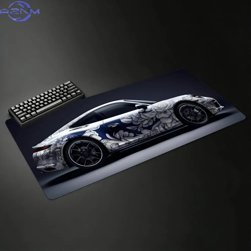 White Sports Car Design Gaming Large Mouse Pad Anti-Slip Rubber Base Extended Desk Mat for Gamer Office Use Computer Accessories