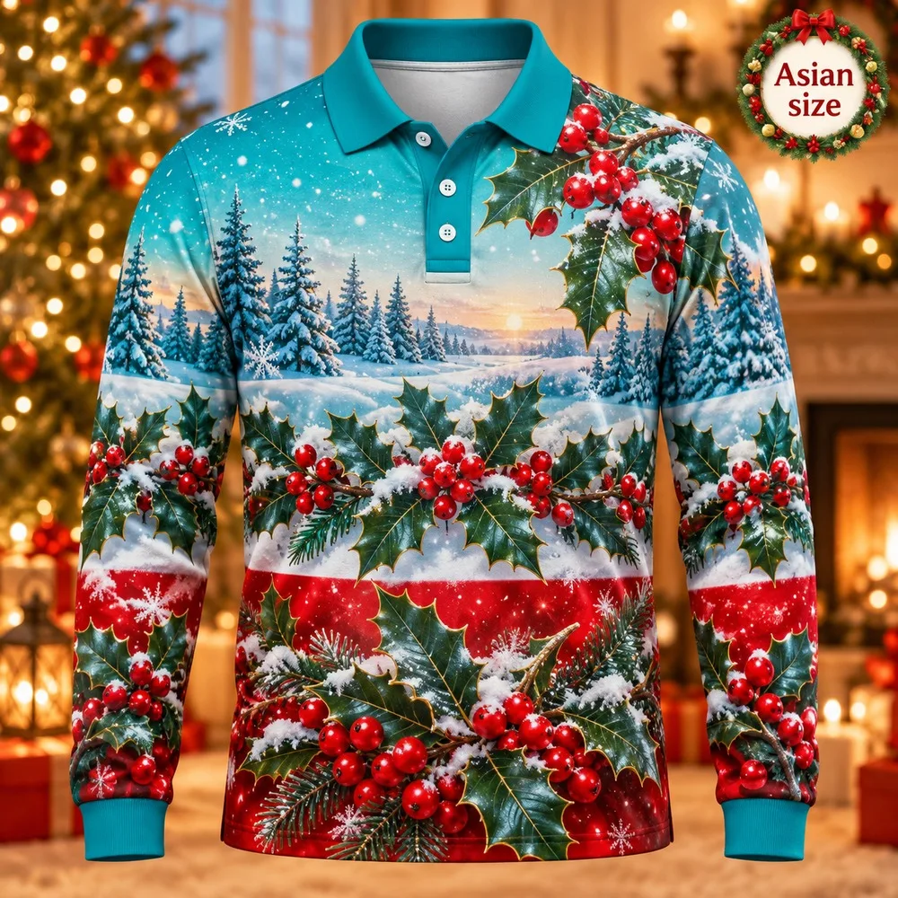 Holly Berry Botanical Long Sleeve Polo Shirt for Men 3D Print Polyester Holiday Graphic Festive Casual Winter Party Gift
