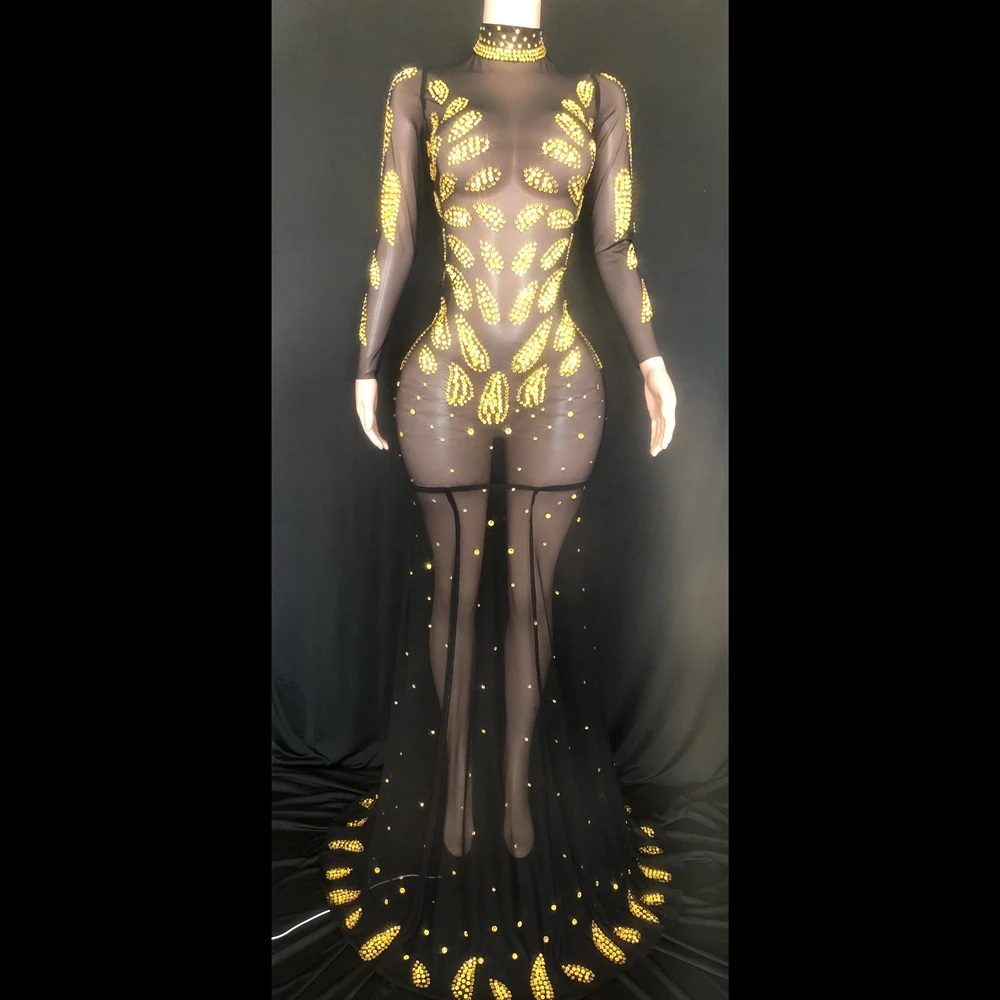 

Sparkly Gold Rhinestones Black Long Dress for Women Sexy Mesh Transparent Evening Celebriate Birthday Dress Photography Wear