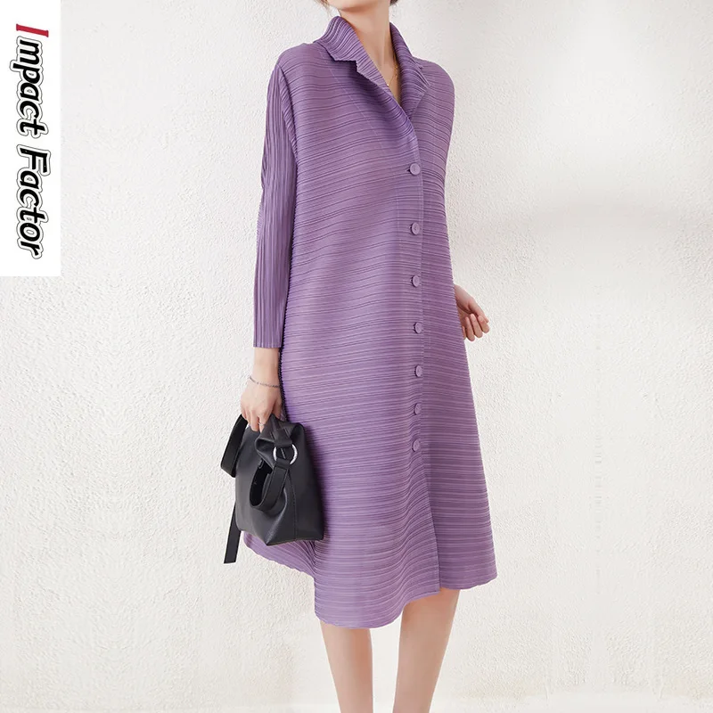 Three Mansion Single Breasted Lapel Solid Color Pleated Shirt Skirt Spring and Autumn Style Loose and Slimming Dress