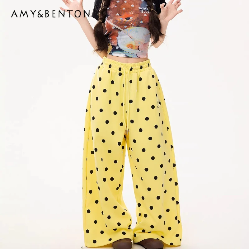 

American Casual Polka Dot Loose Casual Women's Sweatpants 2026 New High Waist Lace-up Sports Straight Wide-leg Trousers Ladies