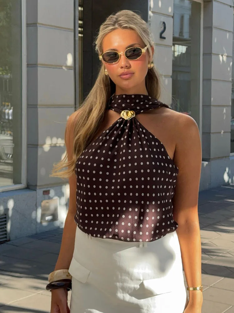 HH Woman Summer Elegant Sleeveless Backless Sexy Neck Halter Top Women Polka Dot Printed Scarf Metal Buckle Slim Party Top