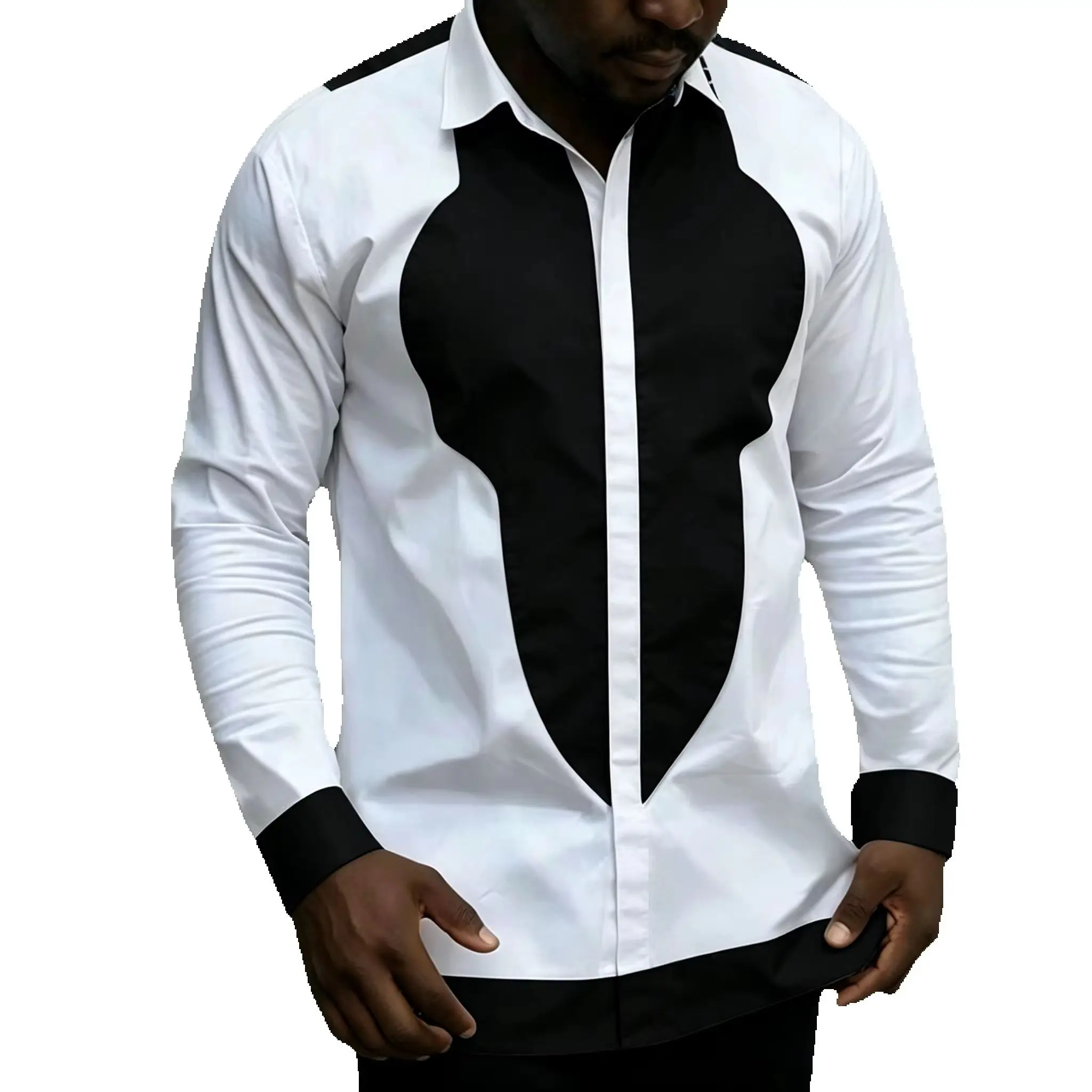 Nigerian Fashion White Men's Shirts Modern Design Casual Shirt Patchwork Long Sleeved Lapel Top African Couture Party Wear