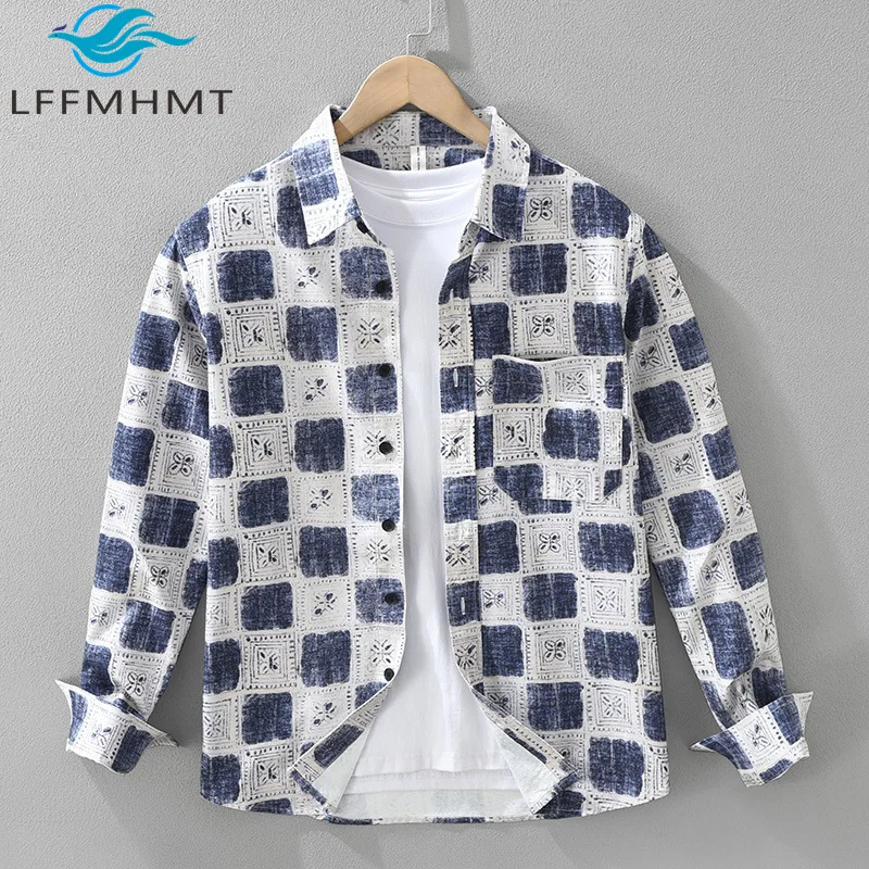 7609 100% Cotton Plaided Shirt for Men Good Quality Spring New Fashion Long Sleeve Loose Casual Lapel Blouse Vintage Tops Male