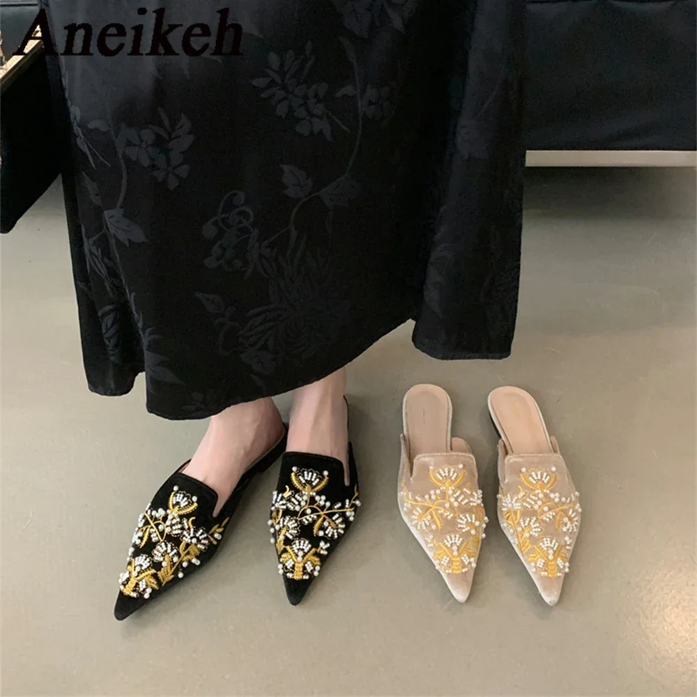 Aneikeh Summer Women Flat Slippers Pointed Bead Embroidery Roman Style Shallow Mouth Velvet Mules Shoes Slip on Female Slides