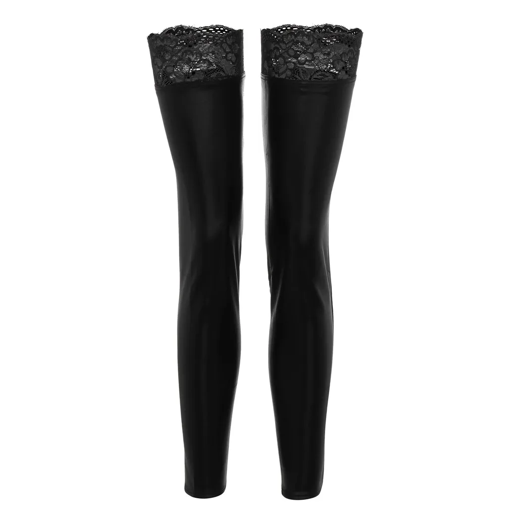 Leggings da donna delicati alla moda Leggings in pizzo in pelle verniciata solida in lattice Collant sexy in pizzo trasparente traslucido lenceria