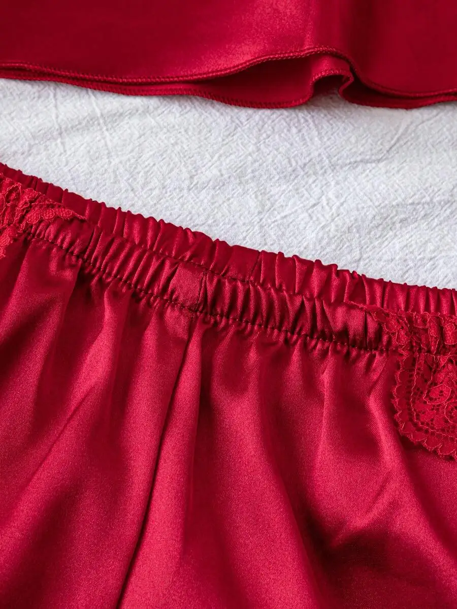 

Womens Sexy Deep V Lace Satin Pajama Set Sleep Top And Shorts