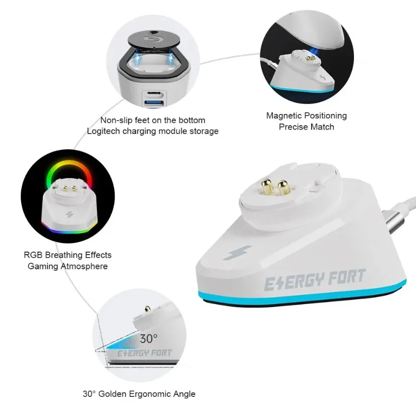 ماوس ألعاب RGB شاحن لاسلكي + 2 USB لمحطة قاعدة Logitech G403 G502 X Plus G703 G903 HERO G PRO X Superlight Hero GPW2