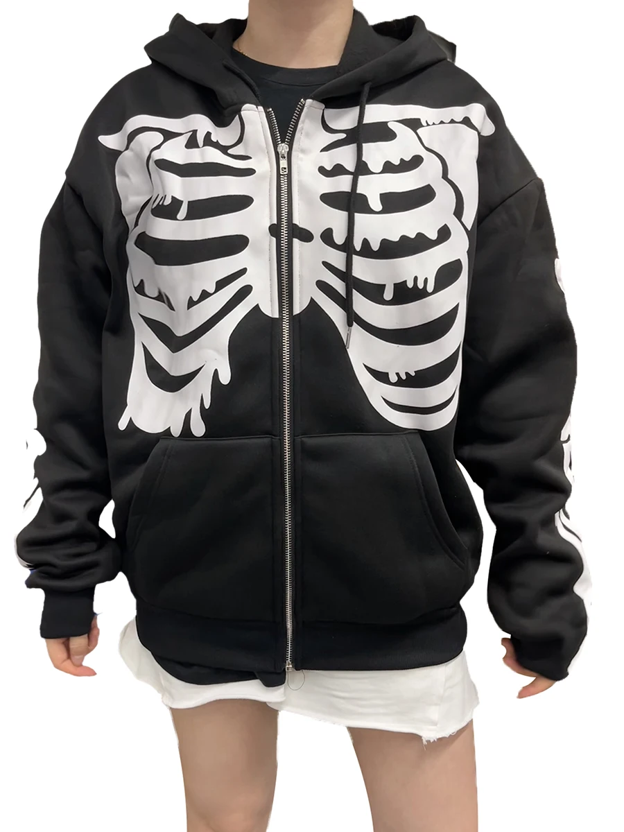 Women s Vintage Rhinestone Embellished Oversized Hoodie Y2K Inspired Skeleton Sweatshirt with Gothic Aesthetic Zip-Up