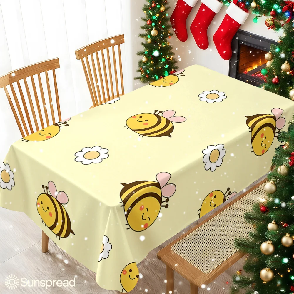 Yellow Cute Bee Daisy Table Cloth Waterproof Tablecloth Spill Proof Table Cloth, Wipe Clean Table Cloth for Dining Camping