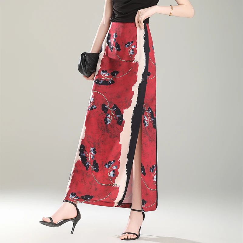 

Chic High Waist Chinese Sle Long Qipao Skirt Women's Asymmetrical Print Slimming Wrap Midi Skirt for Spring Summer