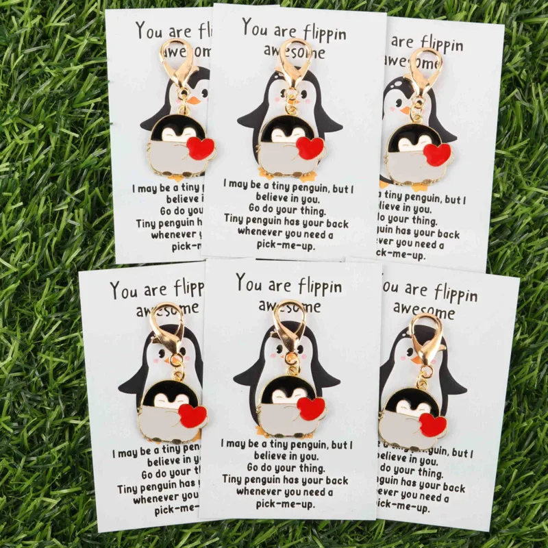 Ensemble de porte-clés en forme de cœur, série pingouin, 3/6 pièces, carte d'encouragement avec un petit pingouin, sac décoratif, vêtements, clé de voiture